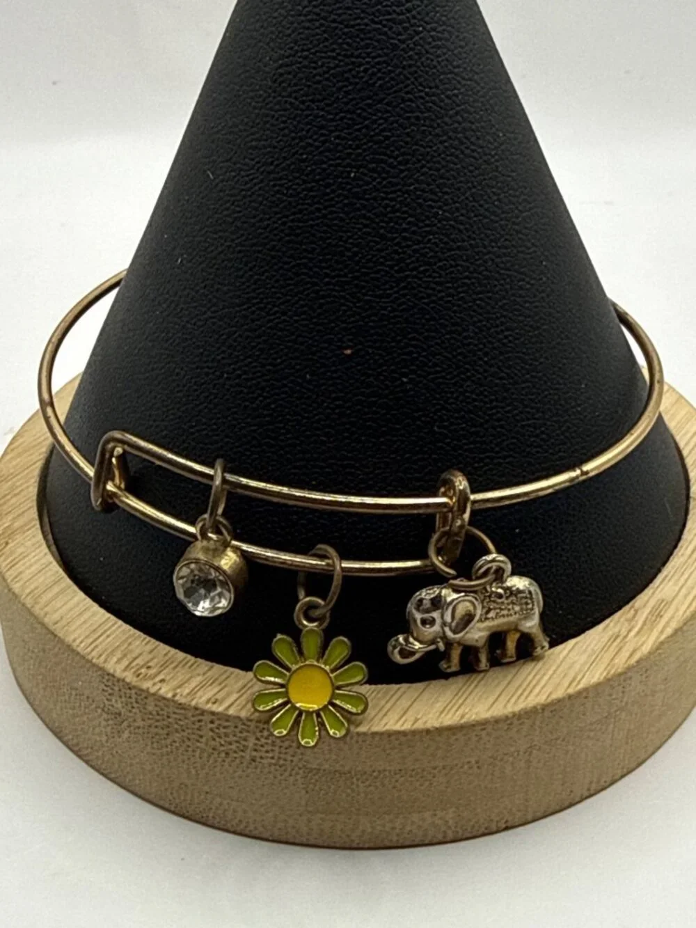 Gold Expandable Charm Bangle Bracelet Lucky Elephant Enamel Daisy Crystal